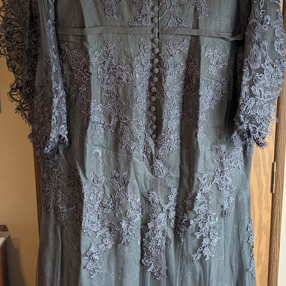 MissAcco Charcoal Lace Mermaid Gown with Sheer Bell Sleeves - Picture 3 of 5